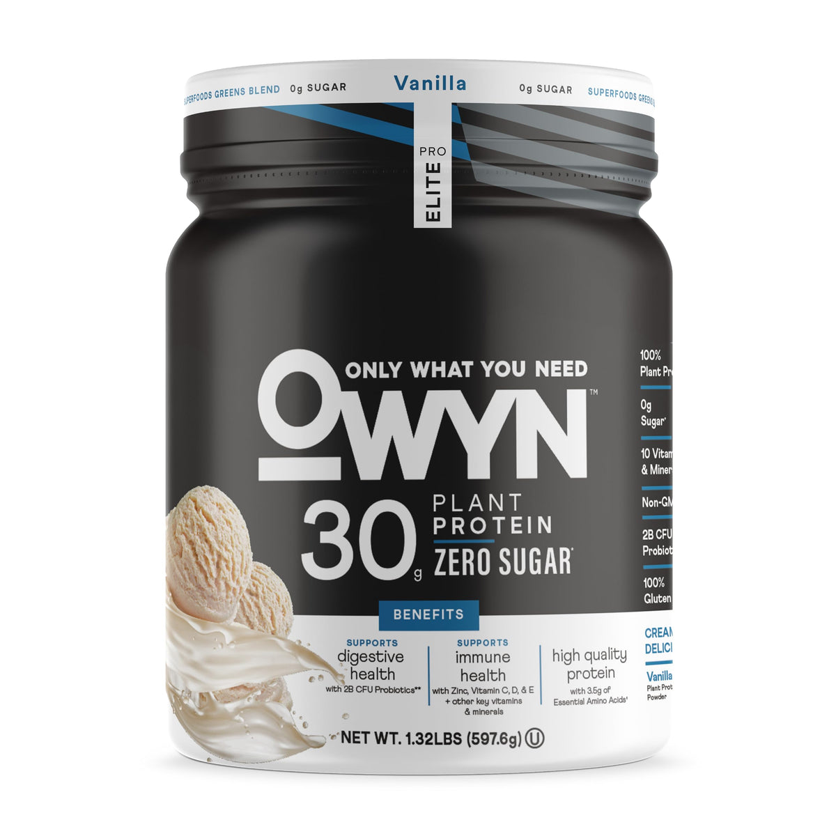 OWYN Only What You Need Vanilla Flavored 30g Protein Powder, 2.96 LB | 30g Protein, Zero Sugar, 4g Fiber, Dairy Free, Plant Protein, Gluten Free, 27 Servings, 2.96 Pounds