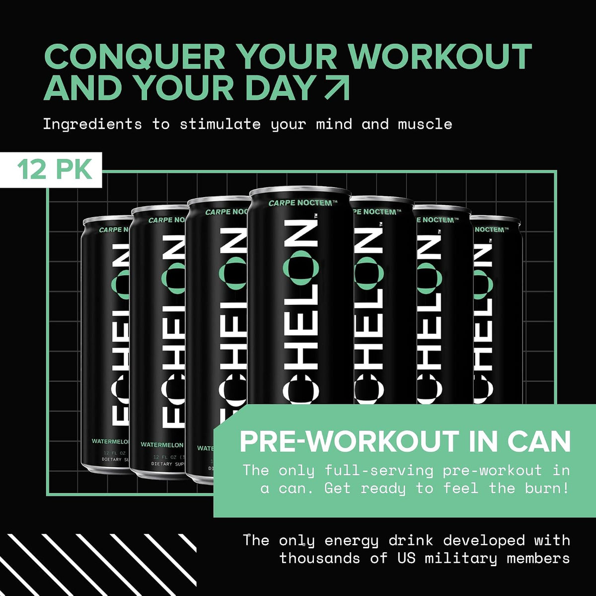 Echelon Pre-Workout Energy Drink | Watermelon Thai Chili | 12 Pack | Sustained Energy, Focus and Endurance Dietary Supplement | 300mg of Caffeine | Beta-Alanine, L-Theanine & Fiber | Vegan