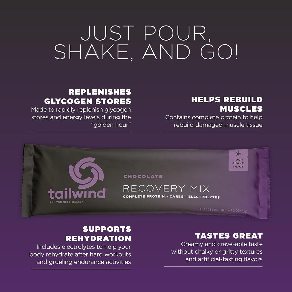 Tailwind Nutrition Recovery Mix, Chocolate, 12 Single-Serving Sachets