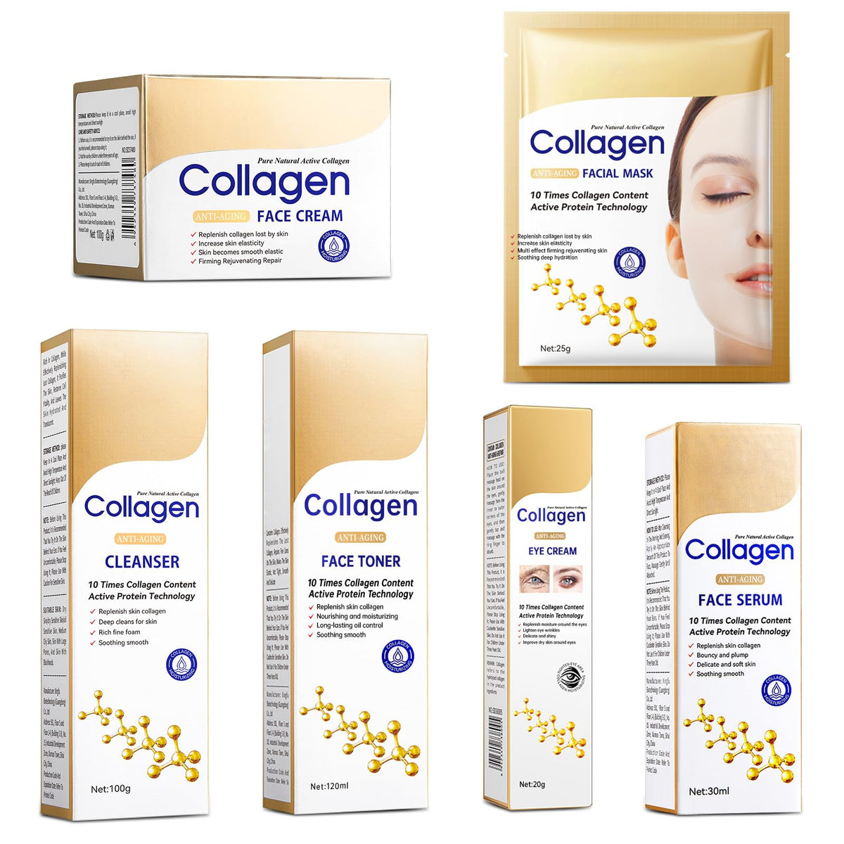 Collagen Skin Care Set, Anti Aging Skincare Set for Wrinkles & Fine Lines, Shrink Pores, Hydrate & Firm Skin, 7 Pcs Skincare Kits for Women with Cleanser, Toner, Serum, Cream, Eye Cream, 2 Pcs Masks.