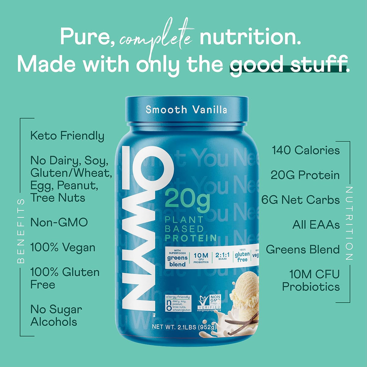 OWYN Only What You Need Smooth Vanilla Flavored 20g Protein Powder, 2.1 LB | 20g Protein, 4g Sugar, Dairy Free, Plant Protein Powder, Gluten Free, 2.1 Pounds, 28 Servings, Top 9 Allergen Friendly