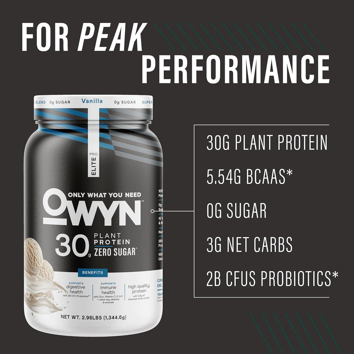 OWYN Only What You Need Vanilla Flavored 30g Protein Powder, 2.96 LB | 30g Protein, Zero Sugar, 4g Fiber, Dairy Free, Plant Protein, Gluten Free, 27 Servings, 2.96 Pounds