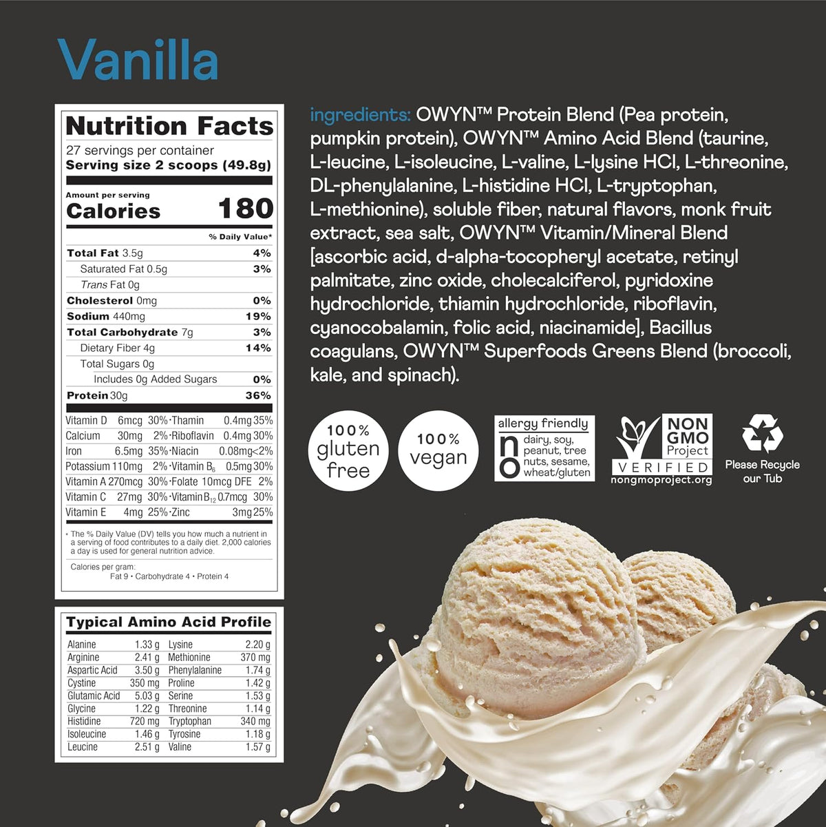 OWYN Only What You Need Vanilla Flavored 30g Protein Powder, 2.96 LB | 30g Protein, Zero Sugar, 4g Fiber, Dairy Free, Plant Protein, Gluten Free, 27 Servings, 2.96 Pounds