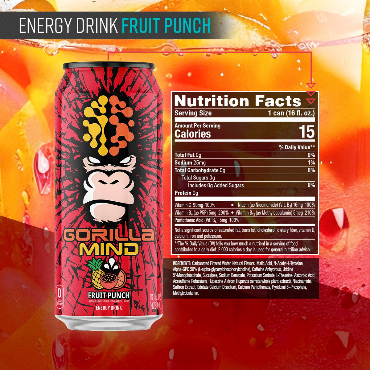 Gorilla Mind Energy Drink | 16oz, 12-Pack (Fruit Punch)