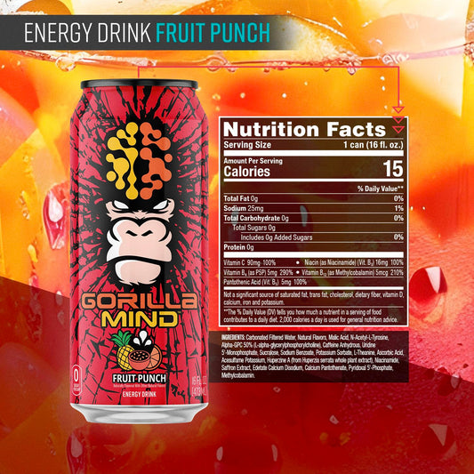 Gorilla Mind Energy Drink | 16oz, 12-Pack (Fruit Punch)