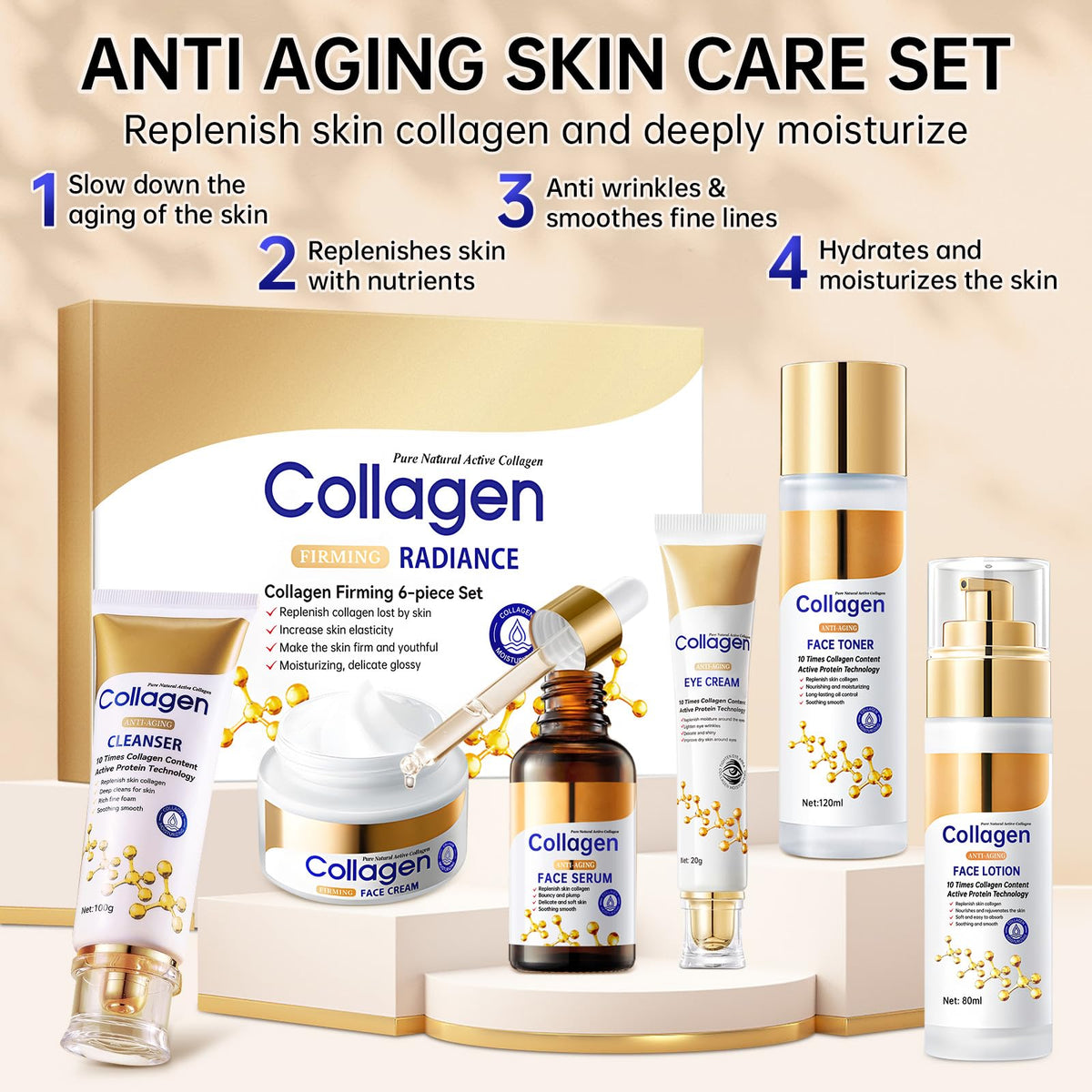 Collagen Skin Care Set, Anti Aging Skincare Gift Set for Wrinkles & Fine Lines, Shrink Pores, Hydrate & Firm Skin, 6 Pcs Skincare Kits for Women with Cleanser, Toner, Lotion, Serum, Cream, Eye Cream.