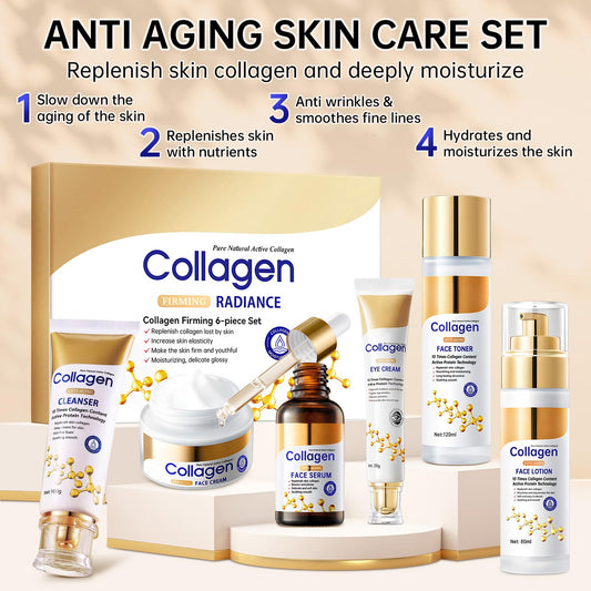 Collagen Skin Care Set, Anti Aging Skincare Gift Set for Wrinkles & Fine Lines, Shrink Pores, Hydrate & Firm Skin, 6 Pcs Skincare Kits for Women with Cleanser, Toner, Lotion, Serum, Cream, Eye Cream.