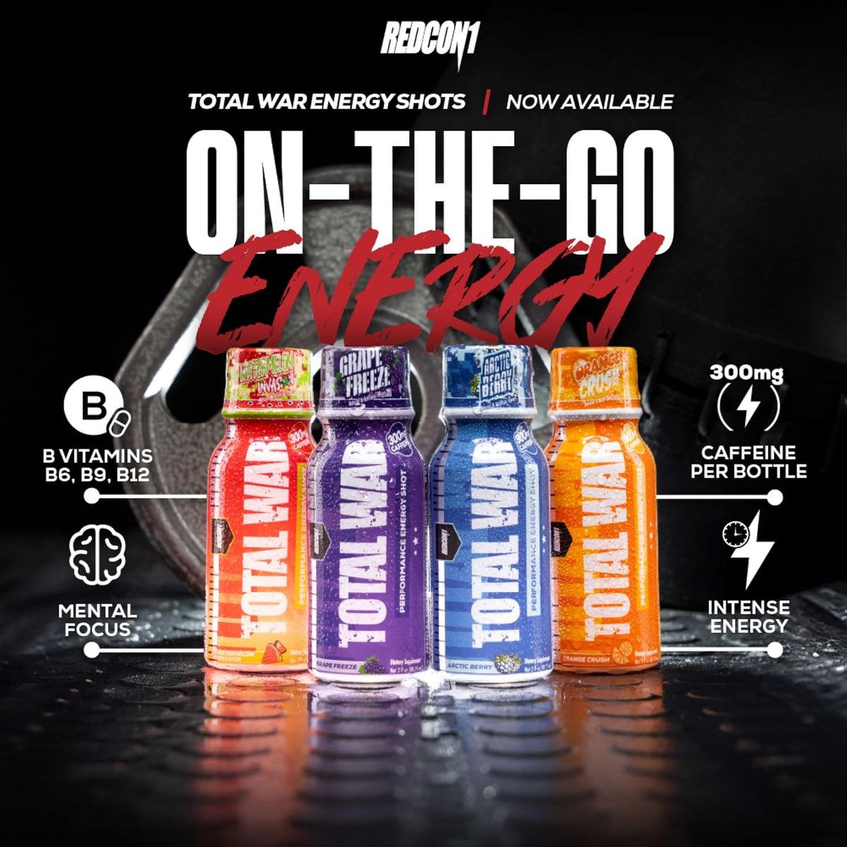 REDCON1 Total War Pre Workout Energy Shots - 300mg Caffeine Shots with B Vitamins & 0 Sugar - Long-Lasting Energy Shot for Focus Support - Fuel Your Workout or Workday - Arctic Berry (12 Count)