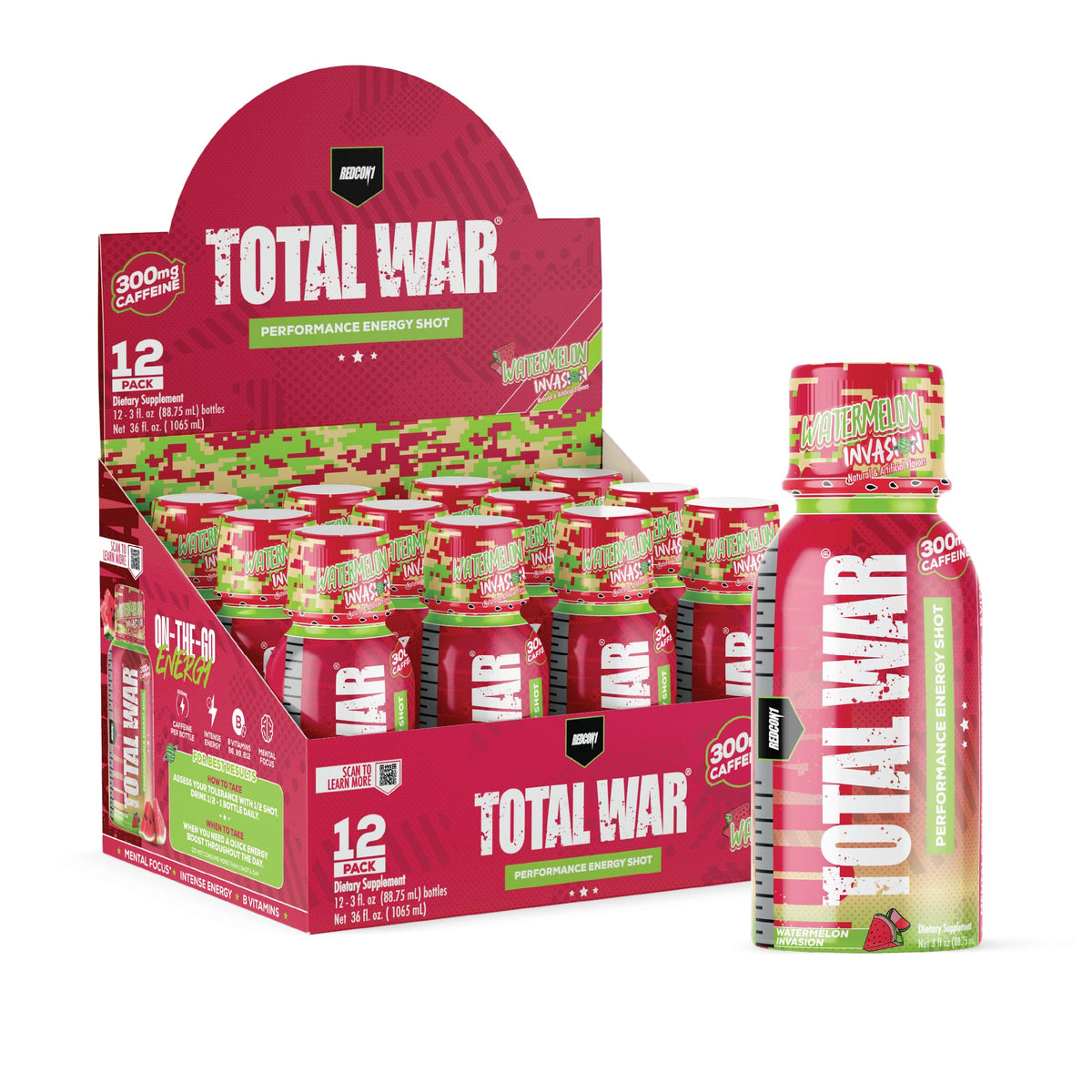 REDCON1 Total War Pre Workout Energy Shots - 300mg Caffeine Shots with B Vitamins & 0 Sugar - Long-Lasting Energy Shot for Focus Support - Fuel Your Workout or Workday - Arctic Berry (12 Count)