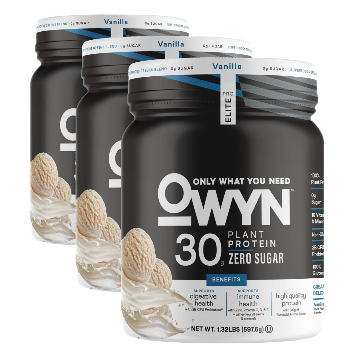 OWYN Only What You Need Vanilla Flavored 30g Protein Powder, 2.96 LB | 30g Protein, Zero Sugar, 4g Fiber, Dairy Free, Plant Protein, Gluten Free, 27 Servings, 2.96 Pounds