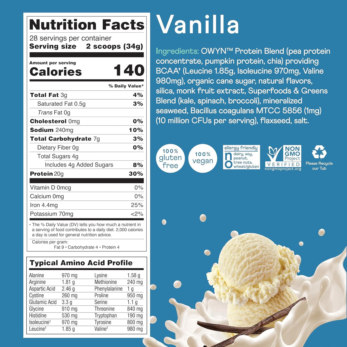 OWYN Only What You Need Smooth Vanilla Flavored 20g Protein Powder, 2.1 LB | 20g Protein, 4g Sugar, Dairy Free, Plant Protein Powder, Gluten Free, 2.1 Pounds, 28 Servings, Top 9 Allergen Friendly
